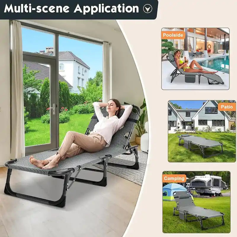 Lit de camp pliant portable avec matelas et oreiller, chaise longue de patio