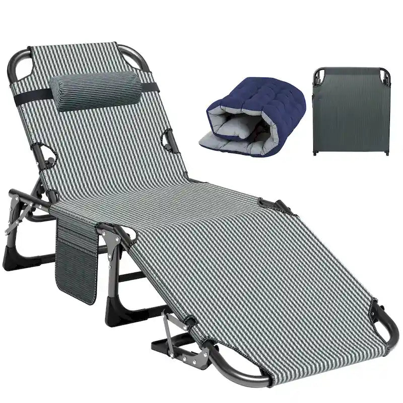 Lit de camp pliant portable avec matelas et oreiller, chaise longue de patio