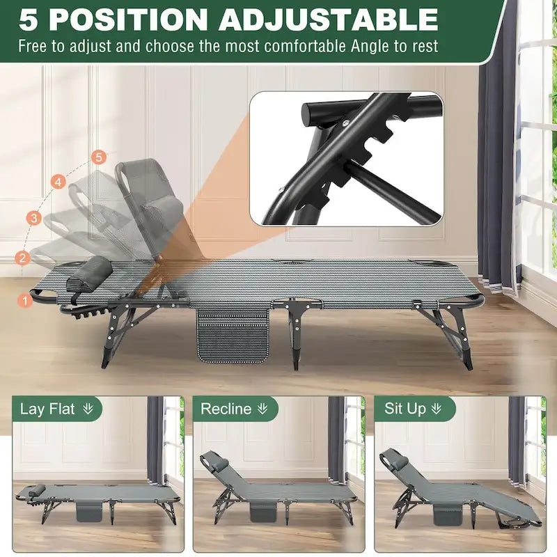 Lit de camp pliant portable avec matelas et oreiller, chaise longue de patio