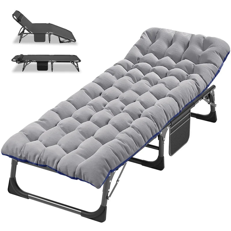 Lit de camp pliant portable avec matelas et oreiller, chaise longue de patio
