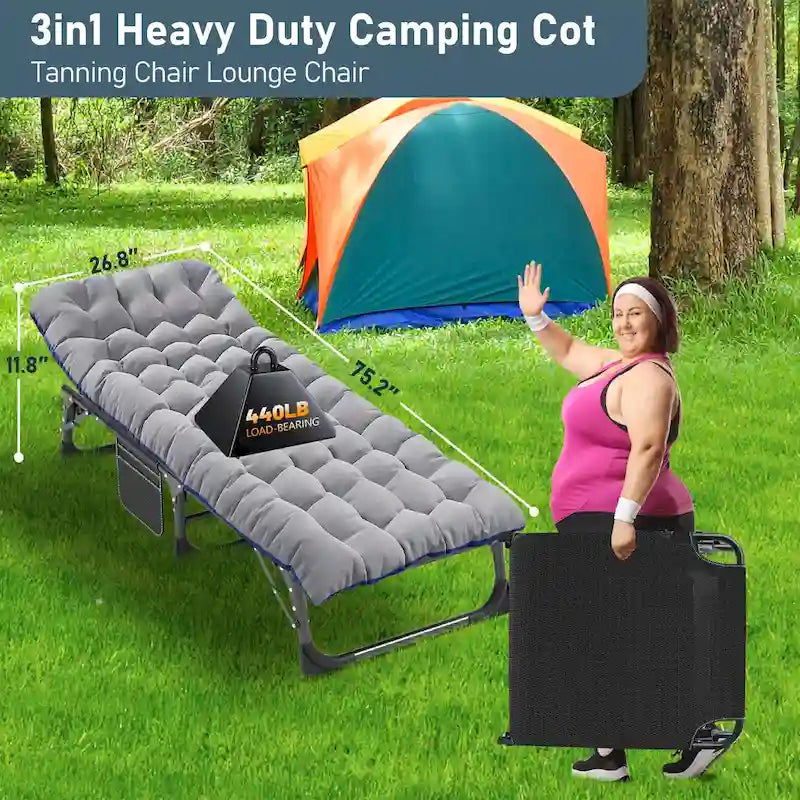 Lit de camp pliant portable avec matelas et oreiller, chaise longue de patio