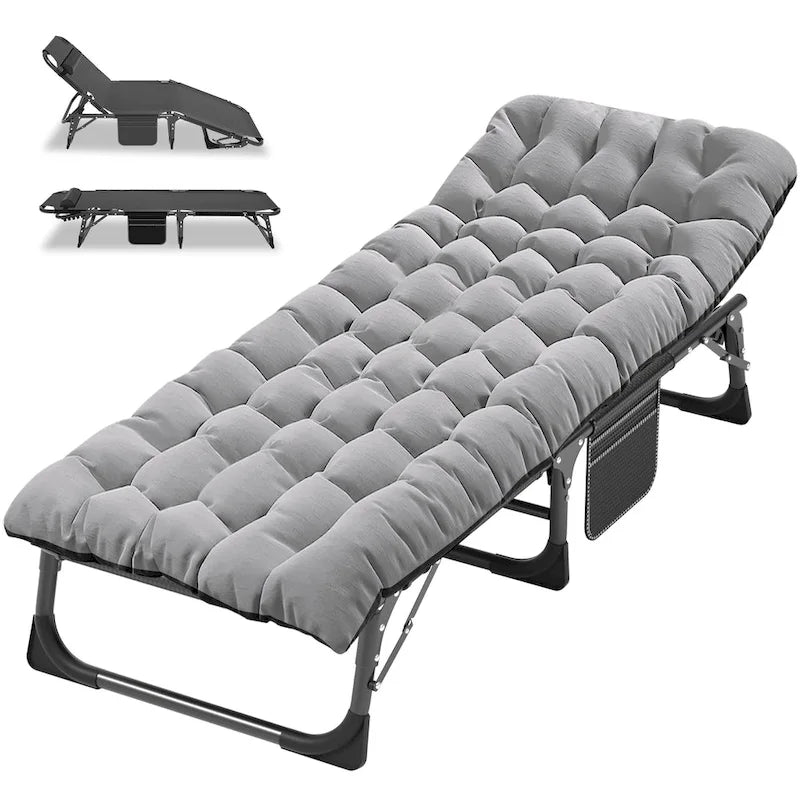 Lit de camp pliant portable avec matelas et oreiller, chaise longue de patio