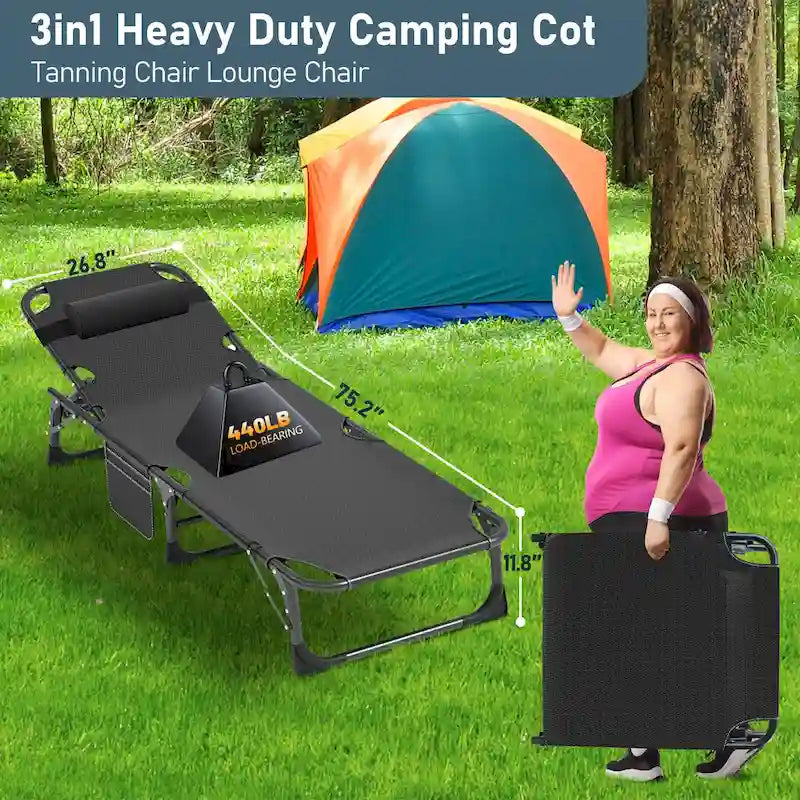 Lit de camp pliant portable avec matelas et oreiller, chaise longue de patio