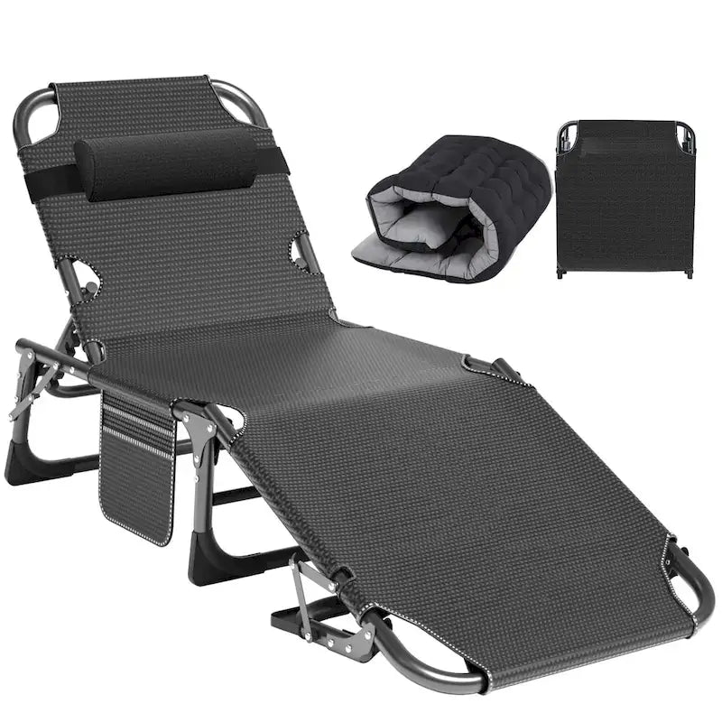 Lit de camp pliant portable avec matelas et oreiller, chaise longue de patio