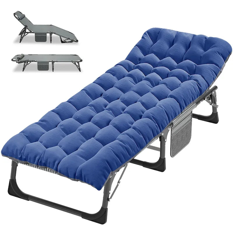 Lit de camp pliant portable avec matelas et oreiller, chaise longue de patio