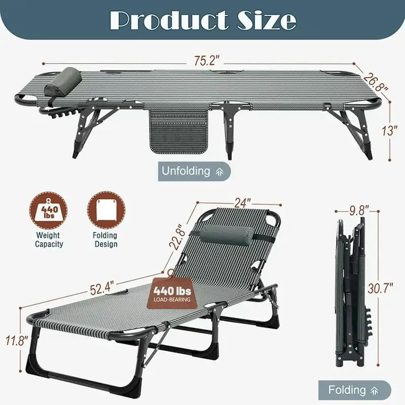 Lit de camp pliant portable avec matelas et oreiller, chaise longue de patio