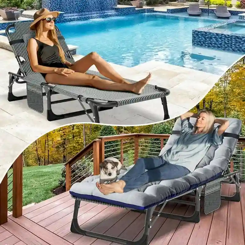 Lit de camp pliant portable avec matelas et oreiller, chaise longue de patio