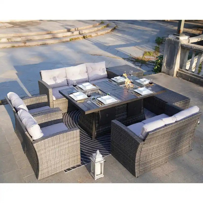 Ensemble de canapé en osier pour terrasse avec brasero et table à manger rectangulaire avec bac à glaçons