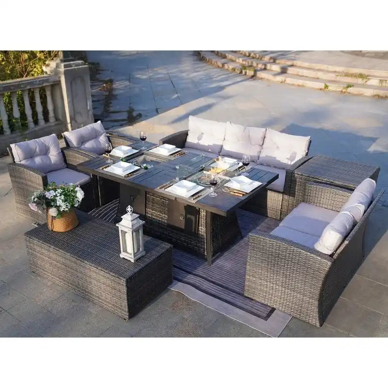 Ensemble de canapé en osier pour terrasse avec brasero et table à manger rectangulaire avec bac à glaçons