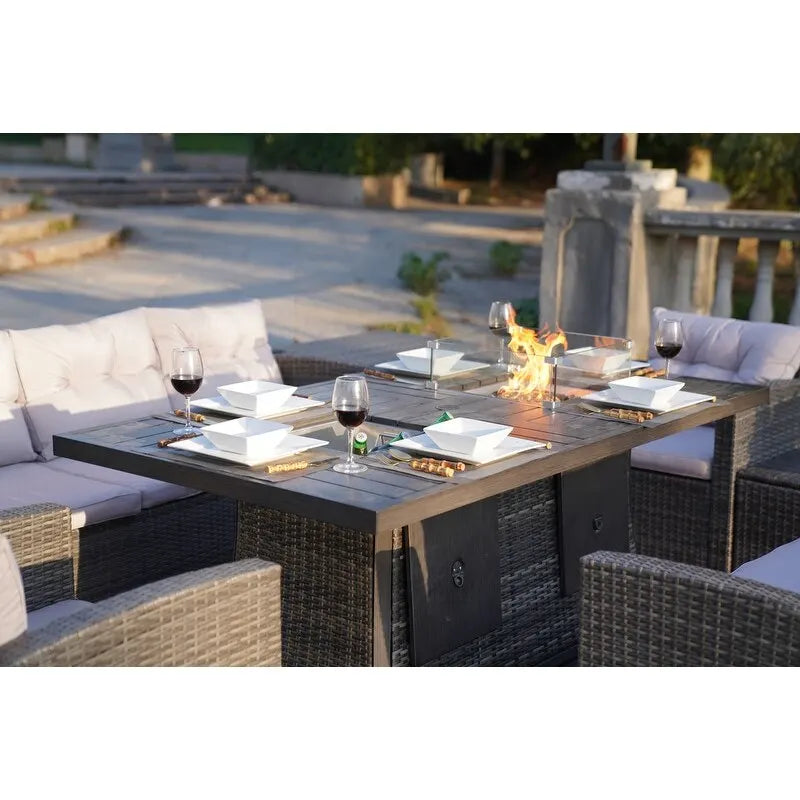 Ensemble de canapé en osier pour terrasse avec brasero et table à manger rectangulaire avec bac à glaçons