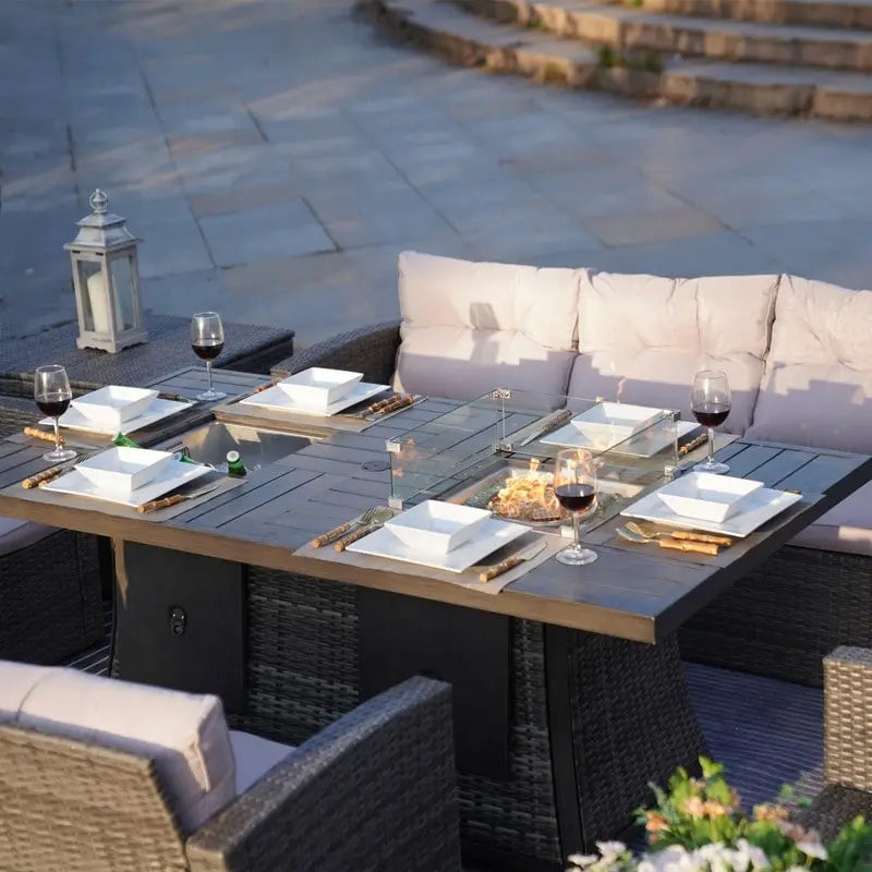 Ensemble de canapé en osier pour terrasse avec brasero et table à manger rectangulaire avec bac à glaçons
