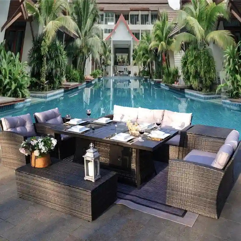 Ensemble de canapé en osier pour terrasse avec brasero et table à manger rectangulaire avec bac à glaçons
