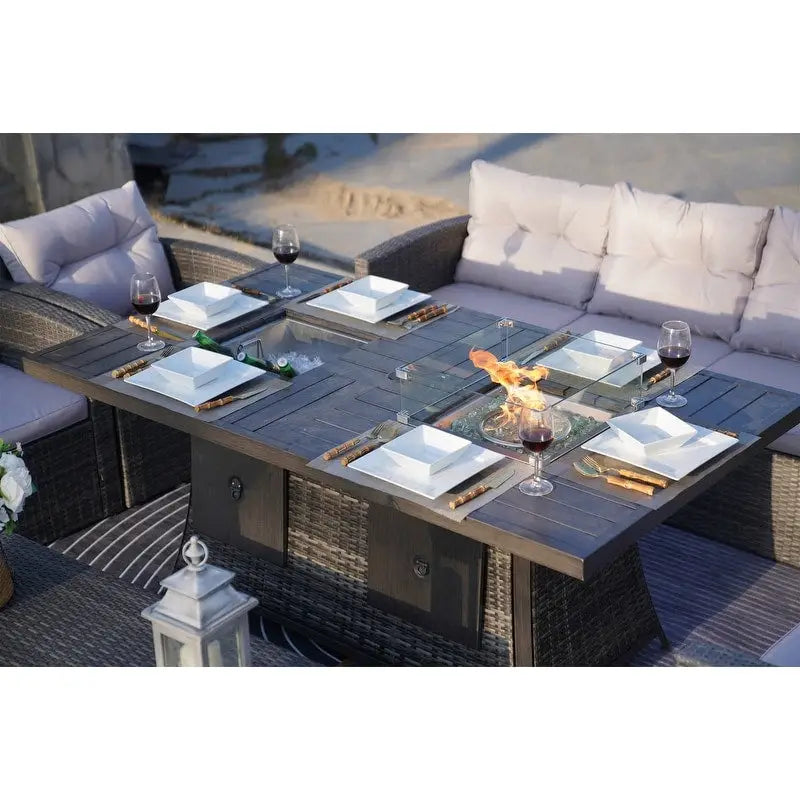 Ensemble de canapé en osier pour terrasse avec brasero et table à manger rectangulaire avec bac à glaçons