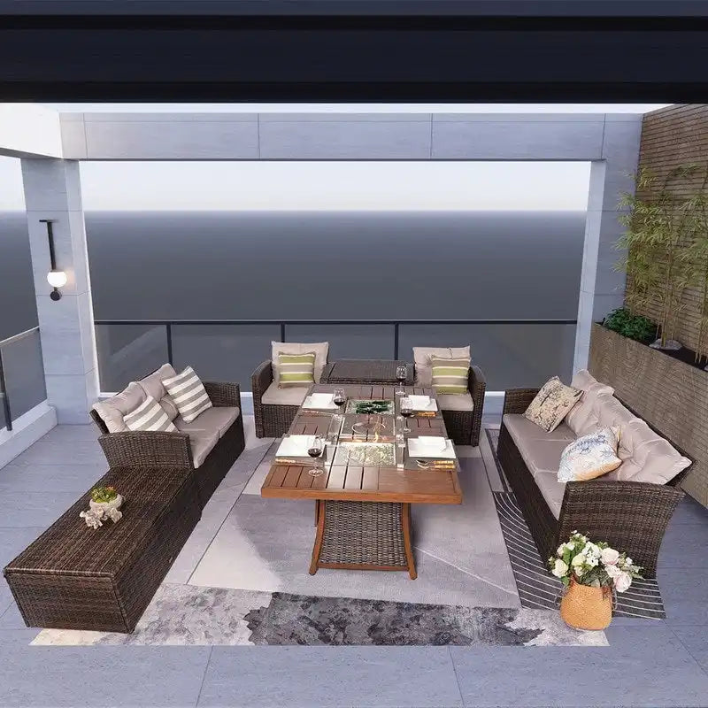 Ensemble de canapé en osier pour terrasse avec brasero et table à manger rectangulaire avec bac à glaçons