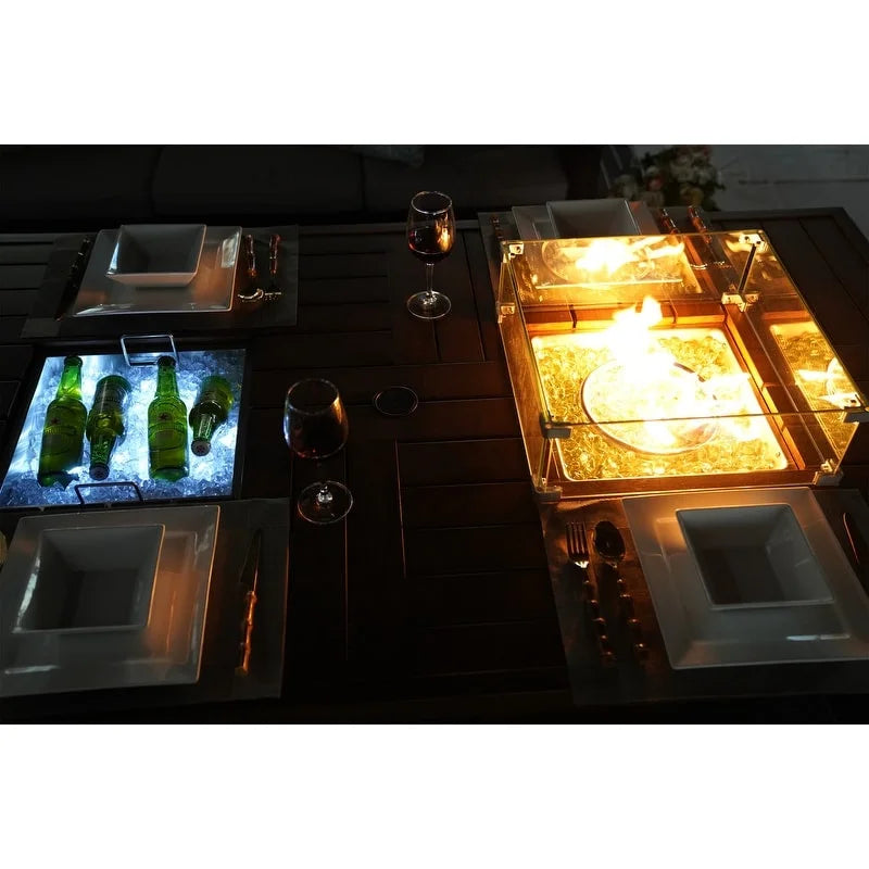 Ensemble de canapé en osier pour terrasse avec brasero et table à manger rectangulaire avec bac à glaçons