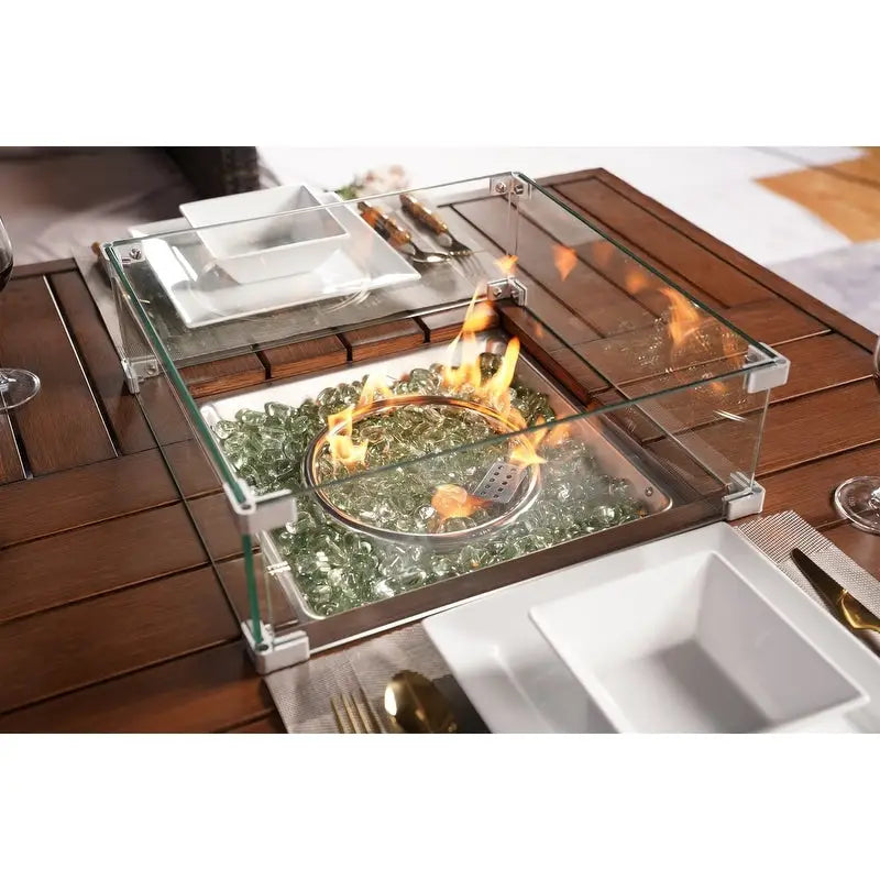 Ensemble de canapé en osier pour terrasse avec brasero et table à manger rectangulaire avec bac à glaçons