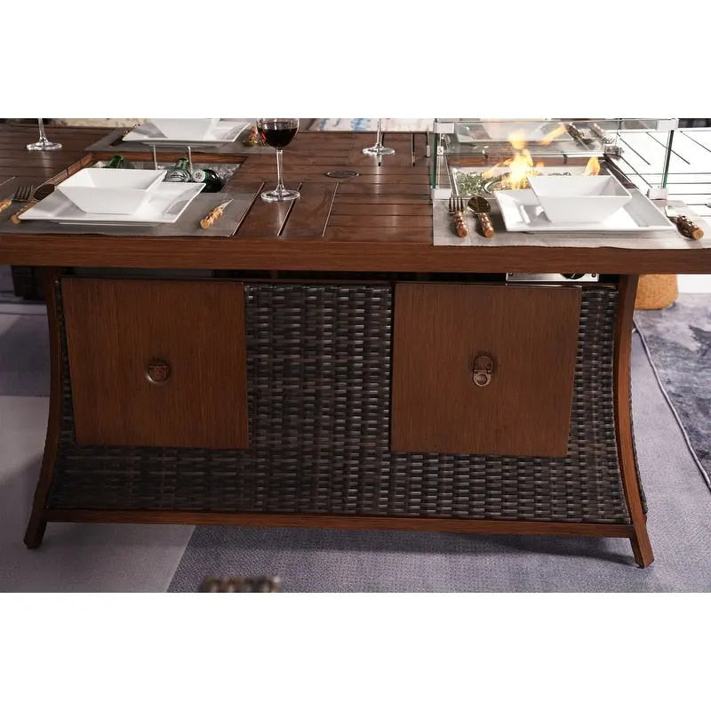 Ensemble de canapé en osier pour terrasse avec brasero et table à manger rectangulaire avec bac à glaçons