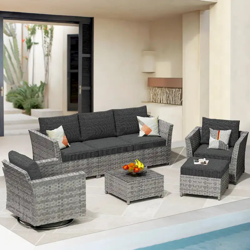 Ensemble de mobilier d'extérieur HOOOWOOO 7 pièces en rotin synthétique avec fauteuil à bascule pivotant