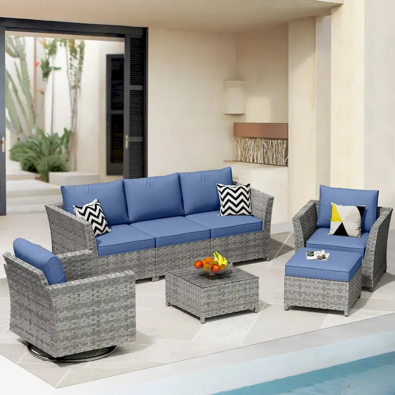 Ensemble de mobilier d'extérieur HOOOWOOO 7 pièces en rotin synthétique avec fauteuil à bascule pivotant