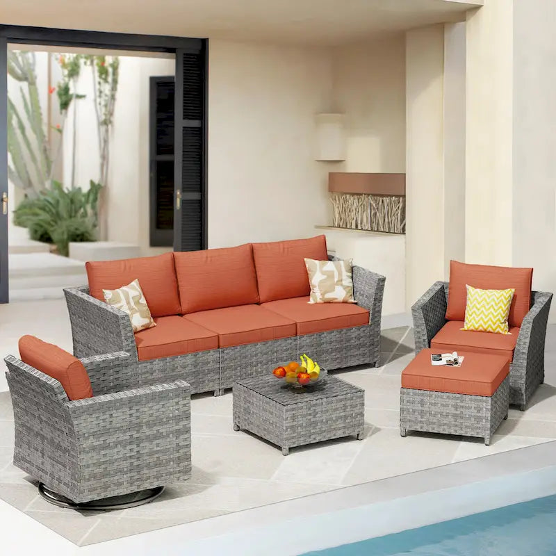 Ensemble de mobilier d'extérieur HOOOWOOO 7 pièces en rotin synthétique avec fauteuil à bascule pivotant