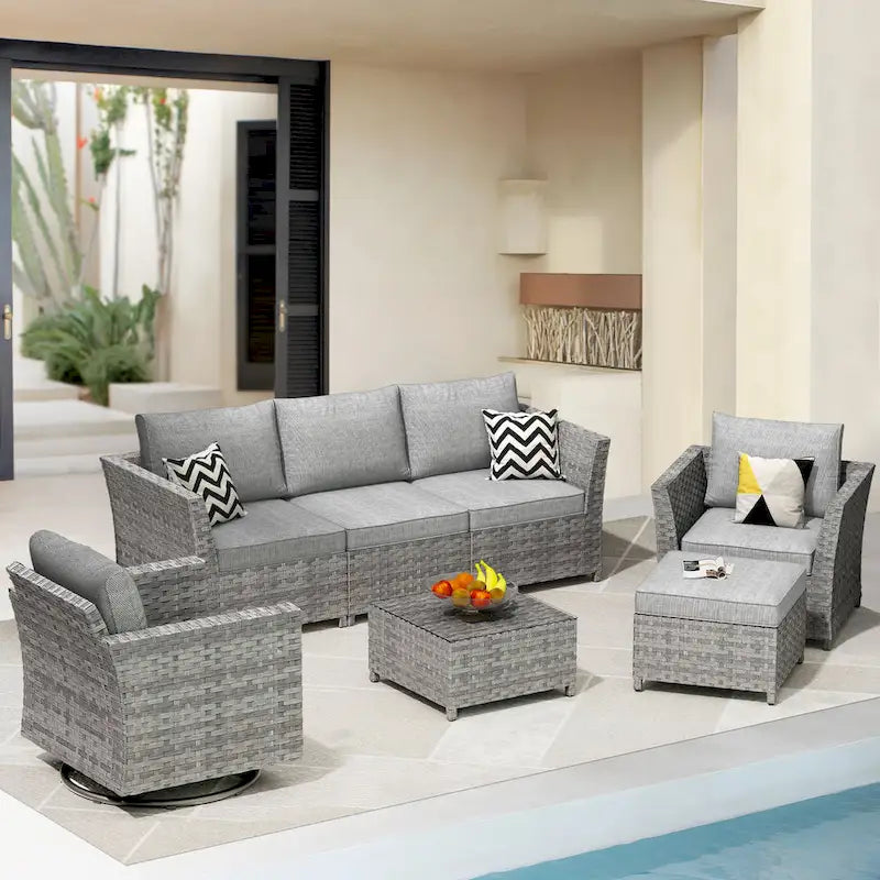 Ensemble de mobilier d'extérieur HOOOWOOO 7 pièces en rotin synthétique avec fauteuil à bascule pivotant
