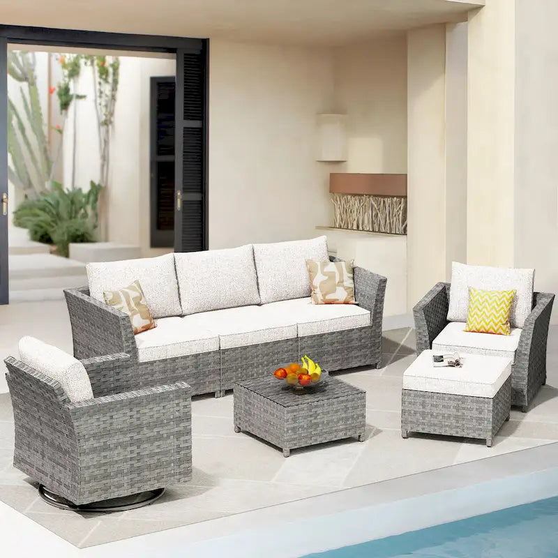 Ensemble de mobilier d'extérieur HOOOWOOO 7 pièces en rotin synthétique avec fauteuil à bascule pivotant