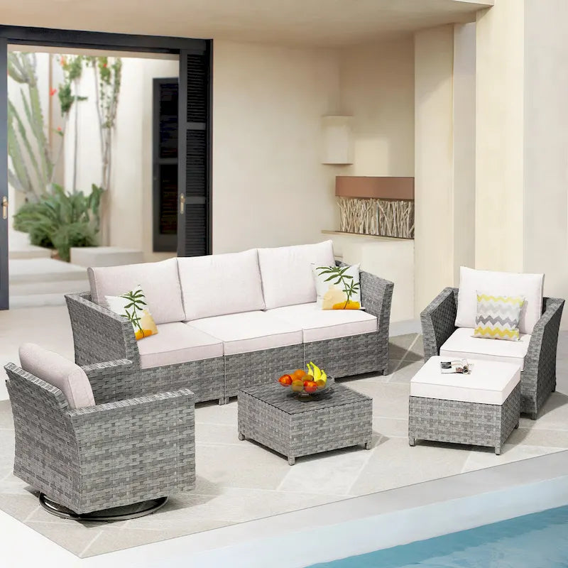 Ensemble de mobilier d'extérieur HOOOWOOO 7 pièces en rotin synthétique avec fauteuil à bascule pivotant