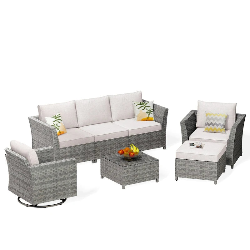 Ensemble de mobilier d'extérieur HOOOWOOO 7 pièces en rotin synthétique avec fauteuil à bascule pivotant