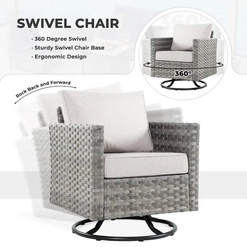 Ensemble de mobilier d'extérieur HOOOWOOO 7 pièces en rotin synthétique avec fauteuil à bascule pivotant