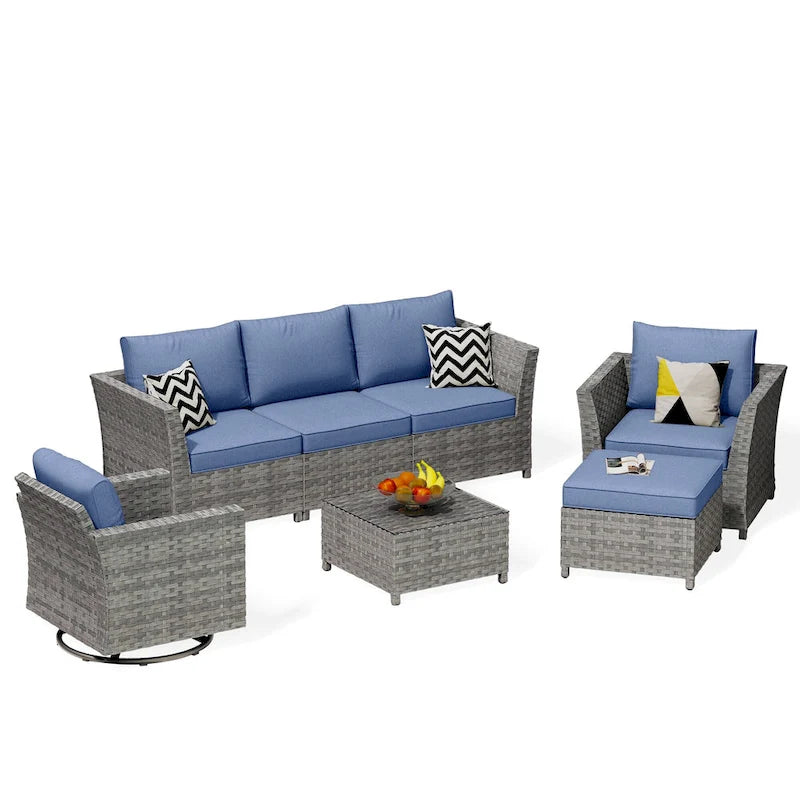 Ensemble de mobilier d'extérieur HOOOWOOO 7 pièces en rotin synthétique avec fauteuil à bascule pivotant