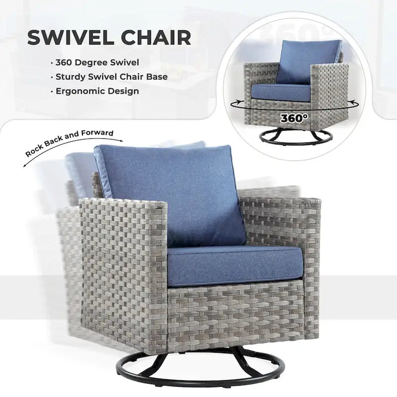 Ensemble de mobilier d'extérieur HOOOWOOO 7 pièces en rotin synthétique avec fauteuil à bascule pivotant