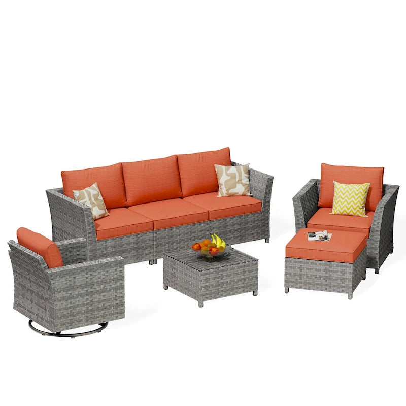 Ensemble de mobilier d'extérieur HOOOWOOO 7 pièces en rotin synthétique avec fauteuil à bascule pivotant