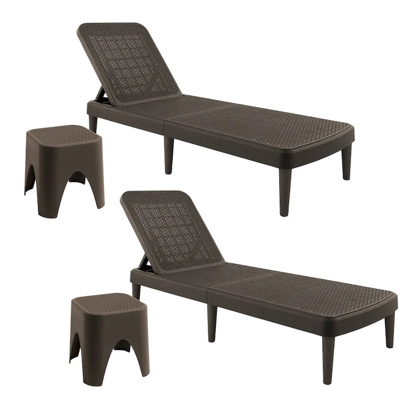 Ensemble chaise longue d'extérieur en résine Tahiti avec 2 tables d'appoint