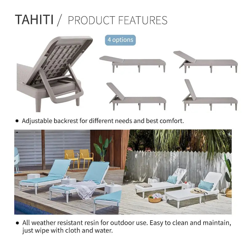 Ensemble chaise longue d'extérieur en résine Tahiti avec 2 tables d'appoint