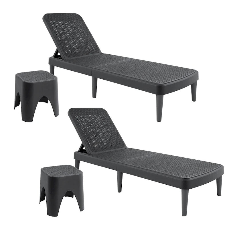 Ensemble chaise longue d'extérieur en résine Tahiti avec 2 tables d'appoint