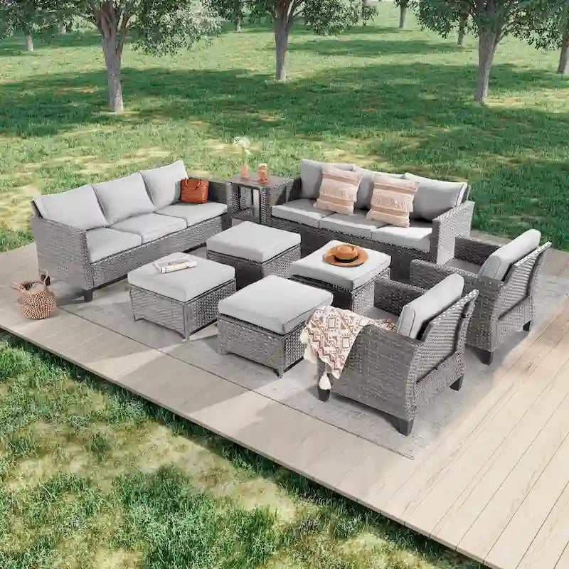 LIVOOSUN Ensemble de canapés de patio 9 pièces en rotin PE gris avec poufs et table