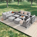 LIVOOSUN Ensemble de canapés de patio 9 pièces en rotin PE gris avec poufs et table