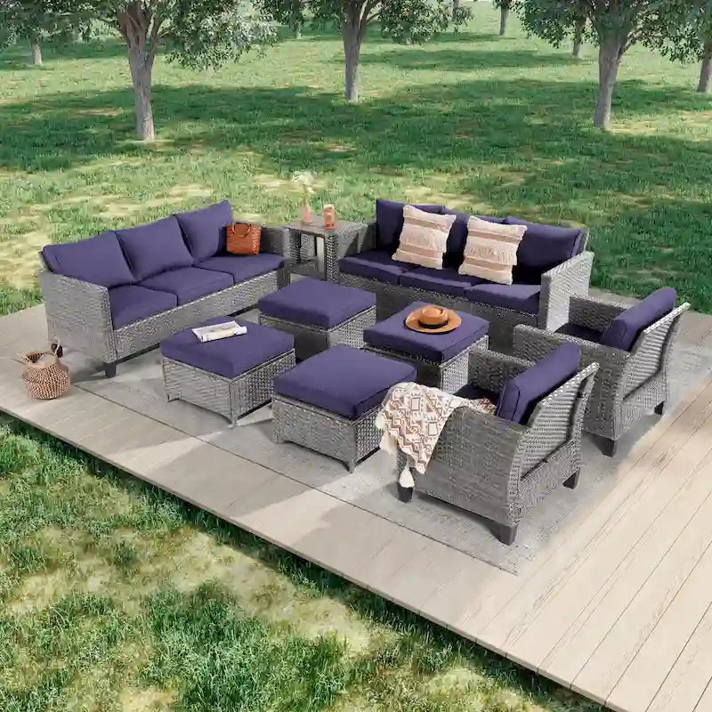 LIVOOSUN 9Pcs Patio Sofa Set Gray PE Wicker Outdoor Furniture Ottomans w/Table