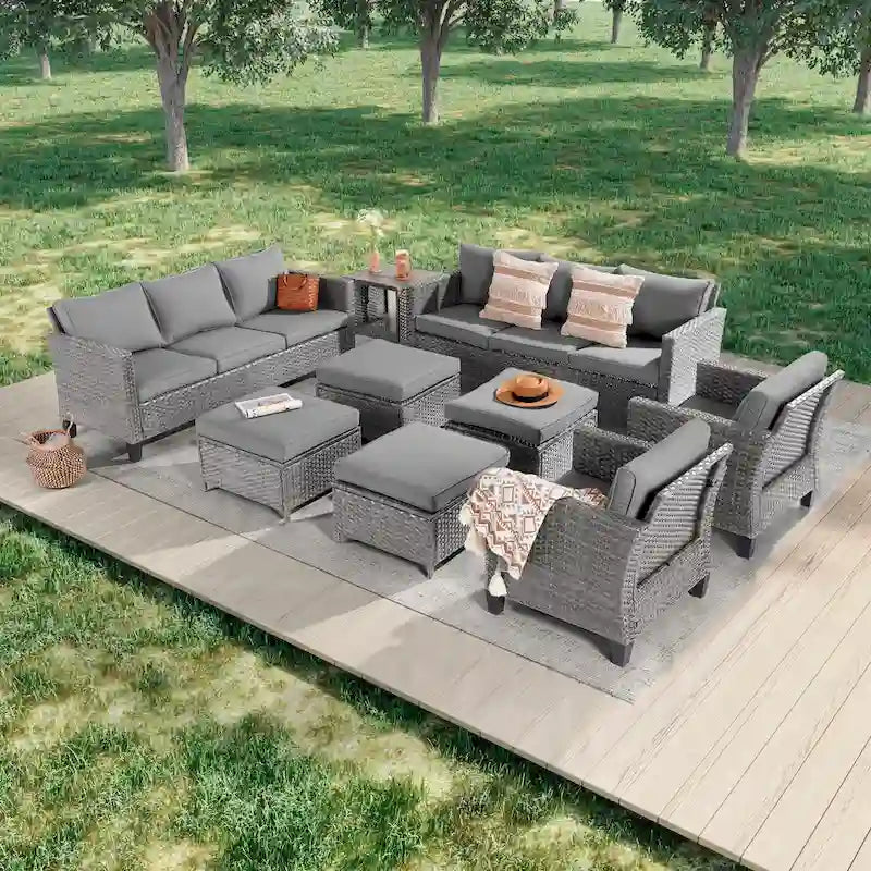 LIVOOSUN Ensemble de canapés de patio 9 pièces en rotin PE gris avec poufs et table
