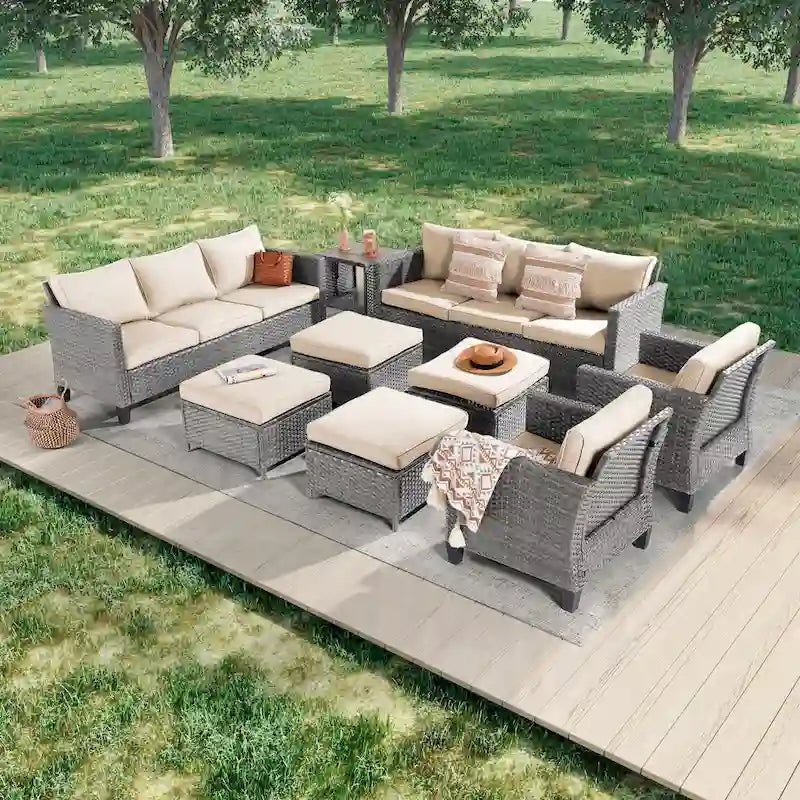 LIVOOSUN Ensemble de canapés de patio 9 pièces en rotin PE gris avec poufs et table