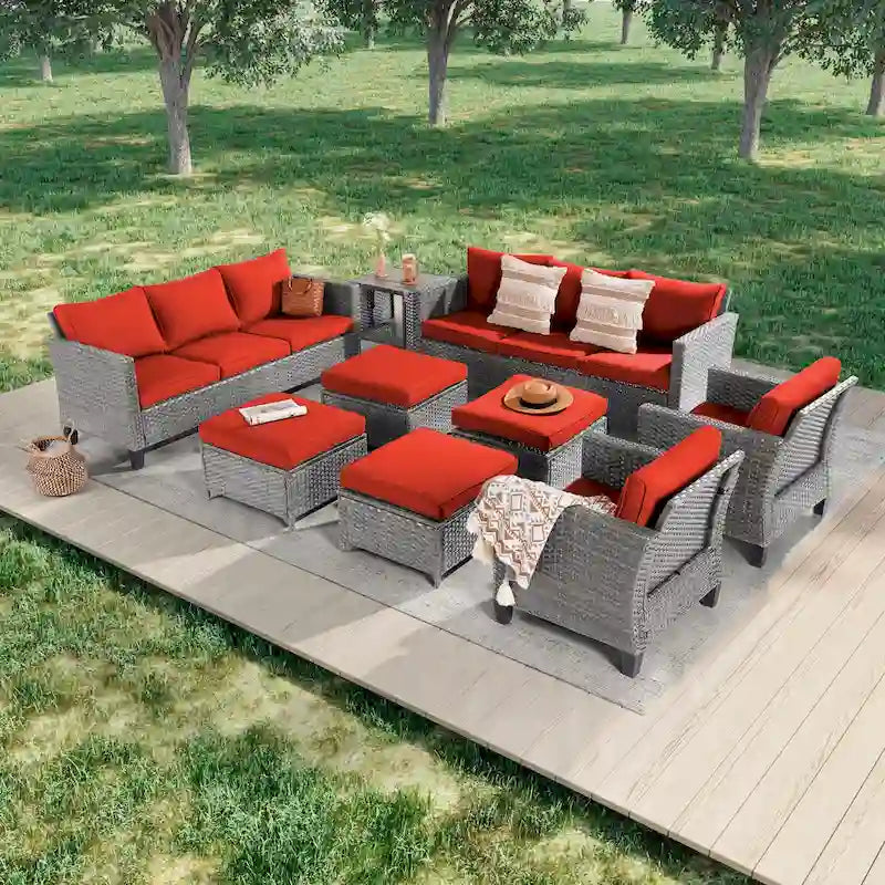 LIVOOSUN Ensemble de canapés de patio 9 pièces en rotin PE gris avec poufs et table