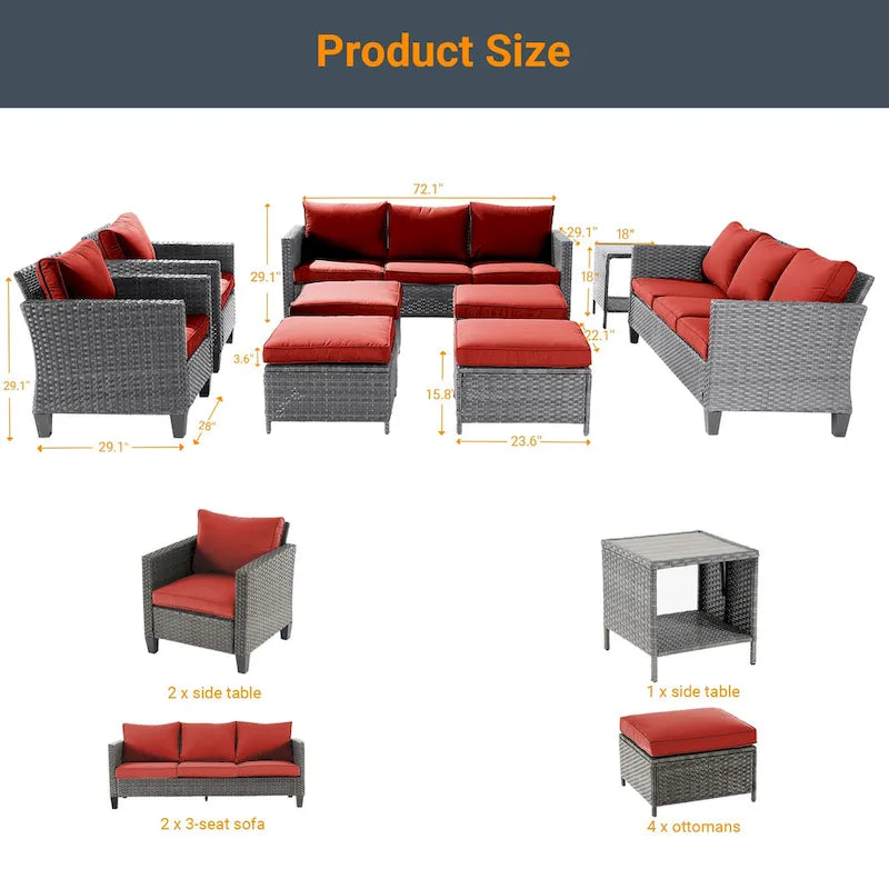 LIVOOSUN Ensemble de canapés de patio 9 pièces en rotin PE gris avec poufs et table