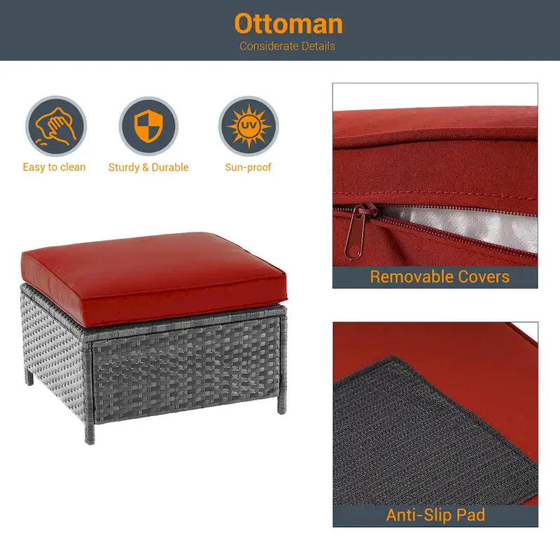 LIVOOSUN Ensemble de canapés de patio 9 pièces en rotin PE gris avec poufs et table