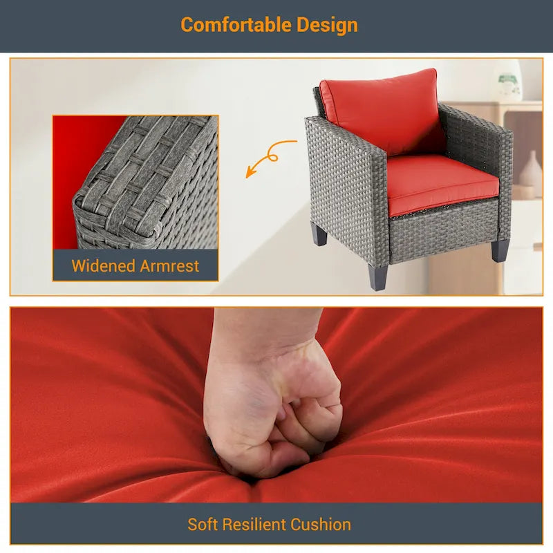 LIVOOSUN Ensemble de canapés de patio 9 pièces en rotin PE gris avec poufs et table