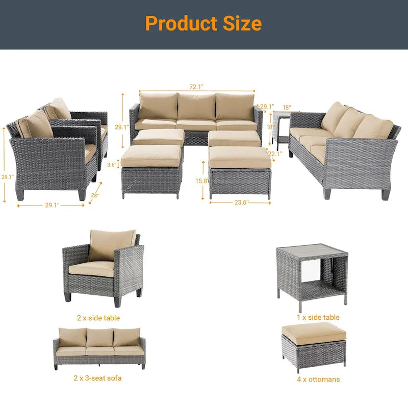 LIVOOSUN Ensemble de canapés de patio 9 pièces en rotin PE gris avec poufs et table