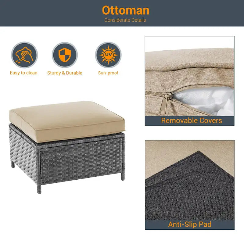 LIVOOSUN Ensemble de canapés de patio 9 pièces en rotin PE gris avec poufs et table
