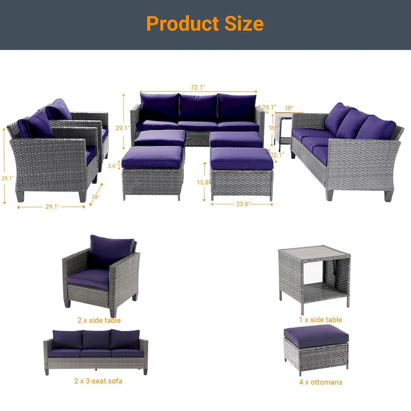 LIVOOSUN Ensemble de canapés de patio 9 pièces en rotin PE gris avec poufs et table