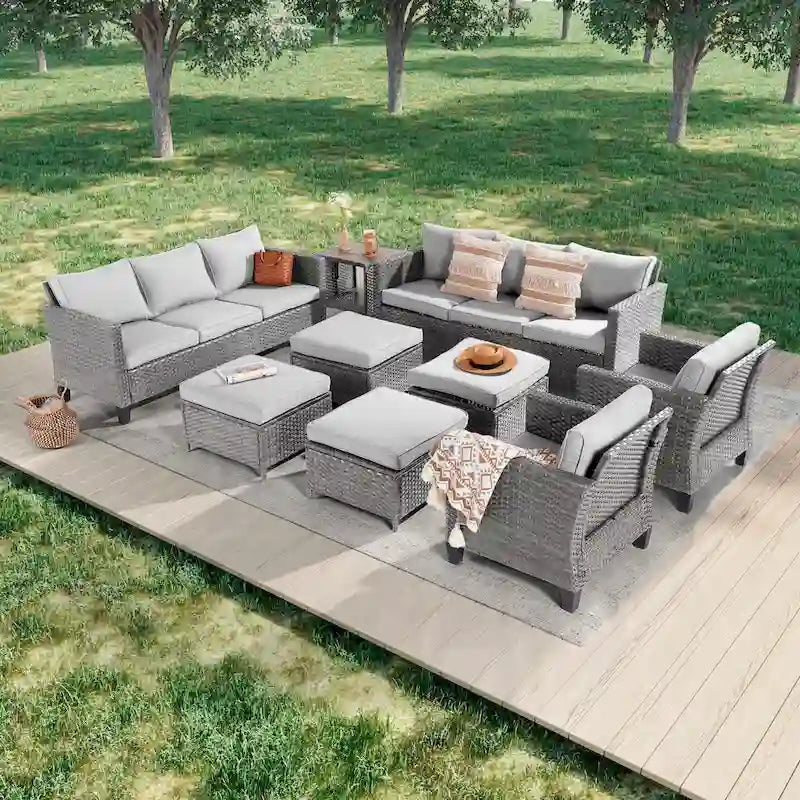 LIVOOSUN Ensemble de canapés de patio 9 pièces en rotin PE gris avec poufs et table