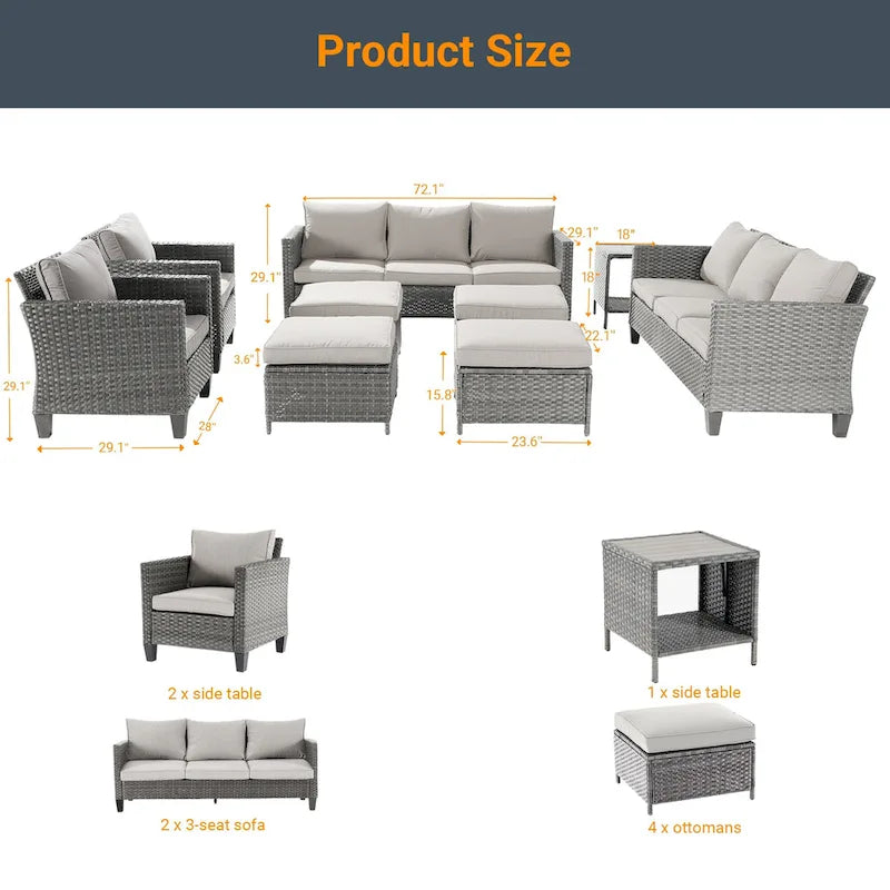 LIVOOSUN Ensemble de canapés de patio 9 pièces en rotin PE gris avec poufs et table