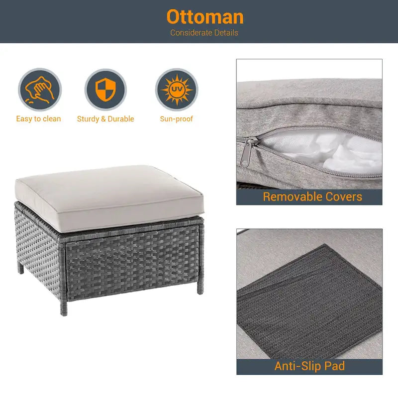 LIVOOSUN Ensemble de canapés de patio 9 pièces en rotin PE gris avec poufs et table